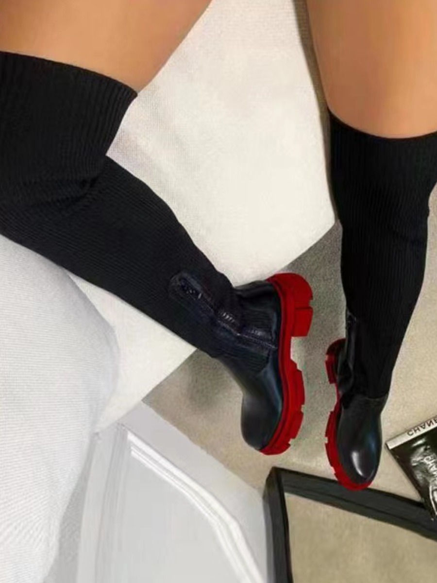 LovelyWholesale Ribbed Patchwork Zipper Design Thigh High Boots Winter Casual Basic Spring Summer 2024