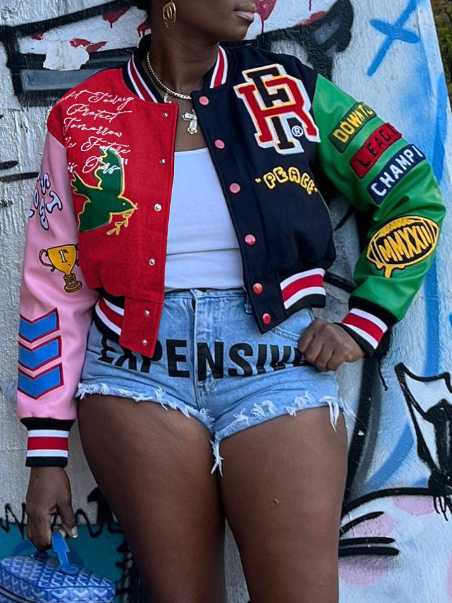 LovelyWholesale Letter Decor Patchwork Varsity Jacket Fall Street Baseball Collar Spring Summer 2024