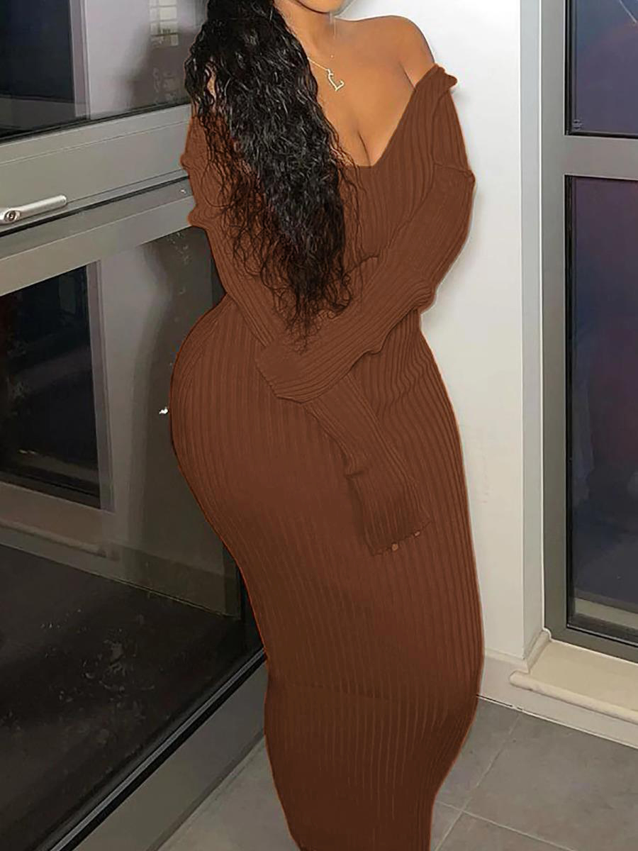 LW BASICS Plus Size V Neck Rib Knit Bodycon Dress