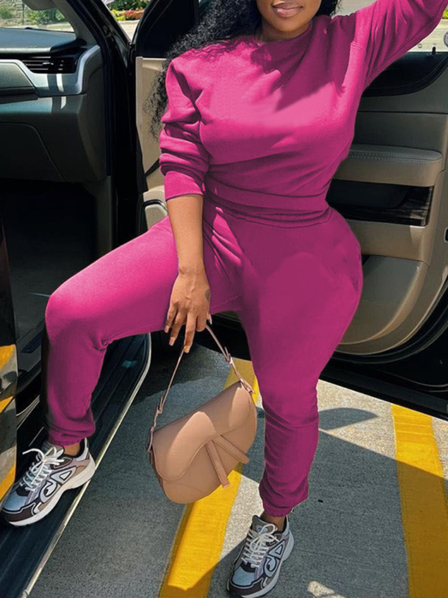 LovelyWholesale BASICS Plus Size Fleece Round Neck Pocket Design Pants Set Fall Long Sleeve Casual Pocket Design Round Neck  5X Spring Summer 2024