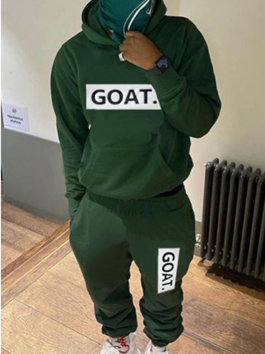 LovelyWholesale Men Goat Letter Print Kangaroo Pocket Tracksuit Set Fall Long Sleeve Casual Hooded Collar Spring Summer 2024