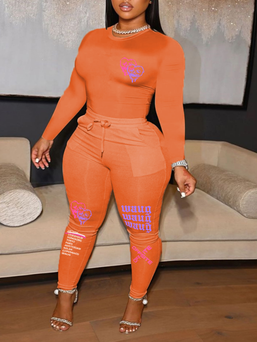 LovelyWholesale Plus Size Round Neck Letter Print Pants Set Fall Long Sleeve Casual Round Neck  5X Spring Summer 2024