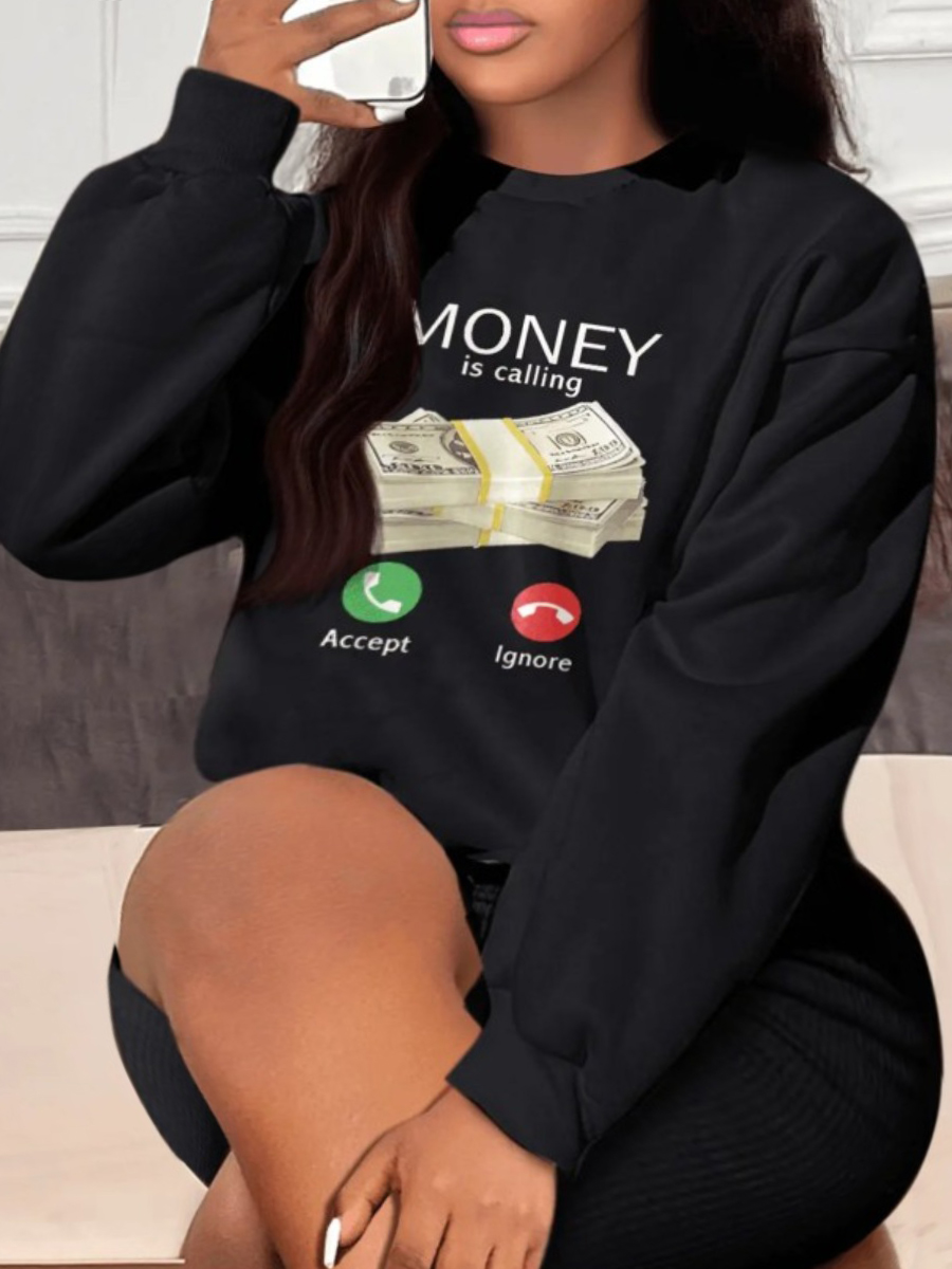 LovelyWholesale Plus Size Money Letter Print Sweatshirt Fall Long Sleeve Casual Round Neck  4X Spring Summer 2024
