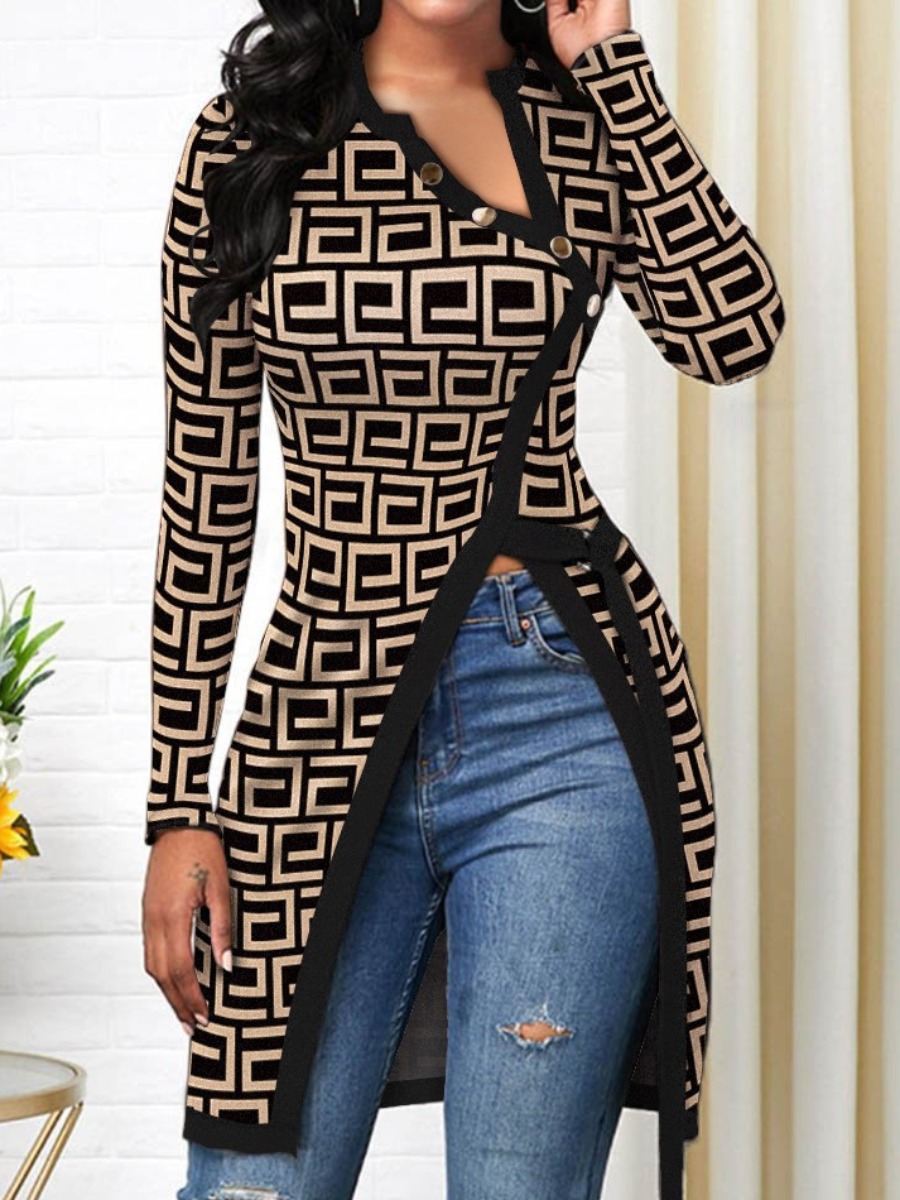 LovelyWholesale SXY Geometric Print Bandage Design Blouse Spring|Fall Long Sleeve Sxy Bandage Design Round Neck Spring Summer 2024