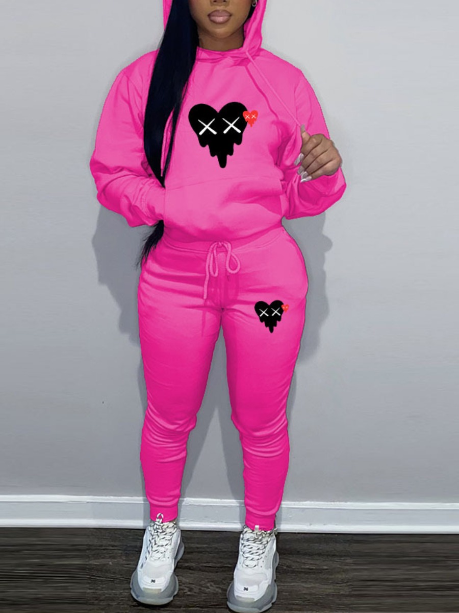 LovelyWholesale Heart Print Kangaroo Pocket Tracksuit Set Fall Long Sleeve Casual Hooded Collar Spring Summer 2024