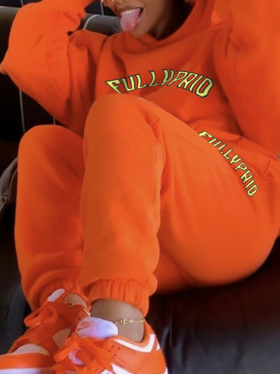 LovelyWholesale Letter Print Oversized Tracksuit Set Fall Long Sleeve Casual Hooded Collar Spring Summer 2024