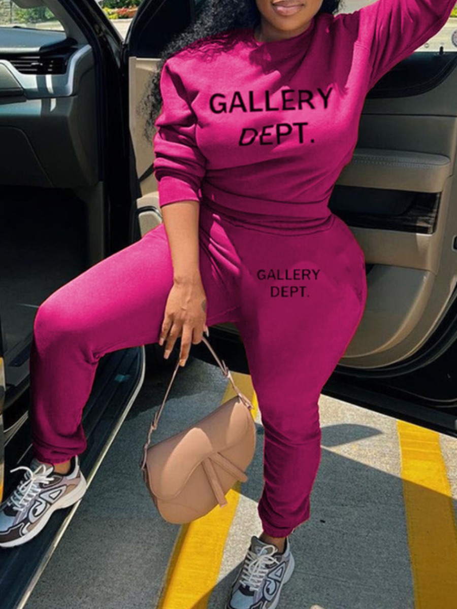LovelyWholesale Plus Size Fleece Letter Print Pocket Design Pants Set Fall Long Sleeve Casual Pocket Design Round Neck  5X Spring Summer 2024