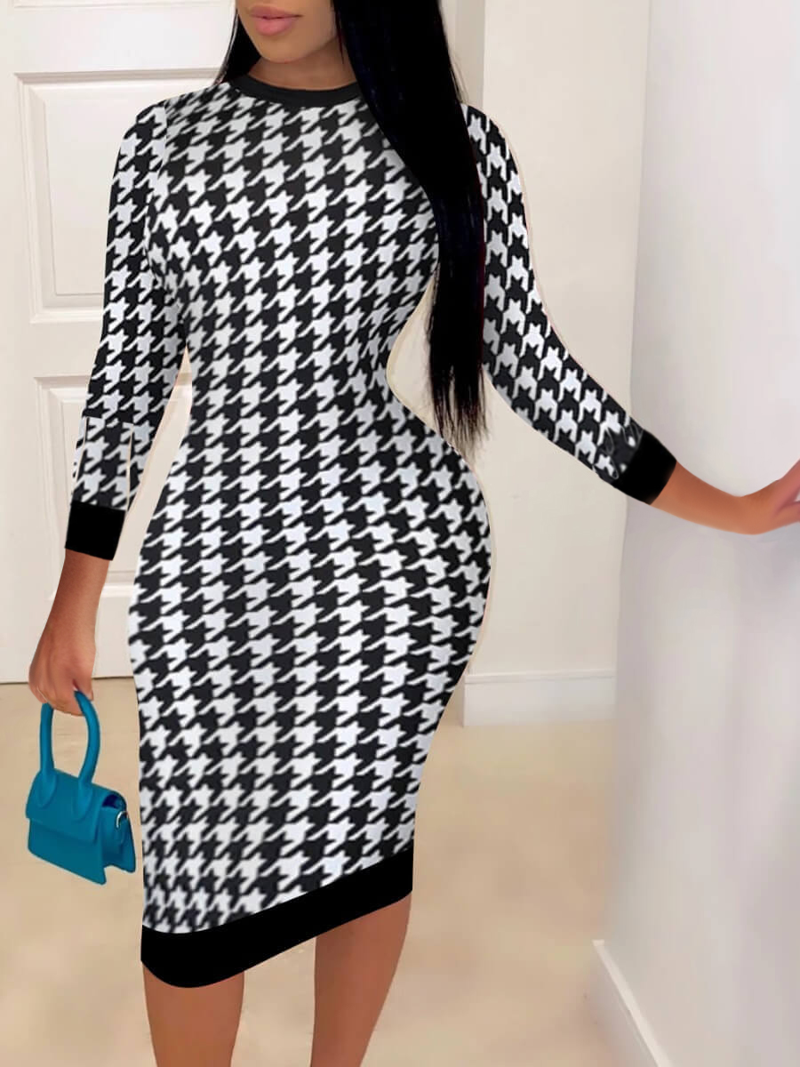 LovelyWholesale Round Neck Houndstooth Bodycon Dress Fall Long Sleeve Casual Pullovers Round Neck Spring Summer 2024