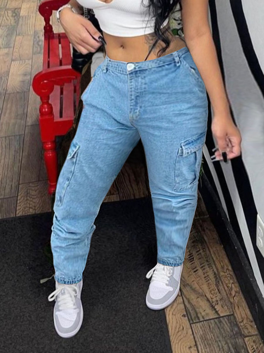 LovelyWholesale Mid Waist Side Pocket Cargo Jeans Spring|Fall Street Pocket Design Spring Summer 2024