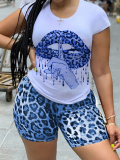 LW Plus Size Chic Leopard Lip Print Blue Two-piece Shorts Set