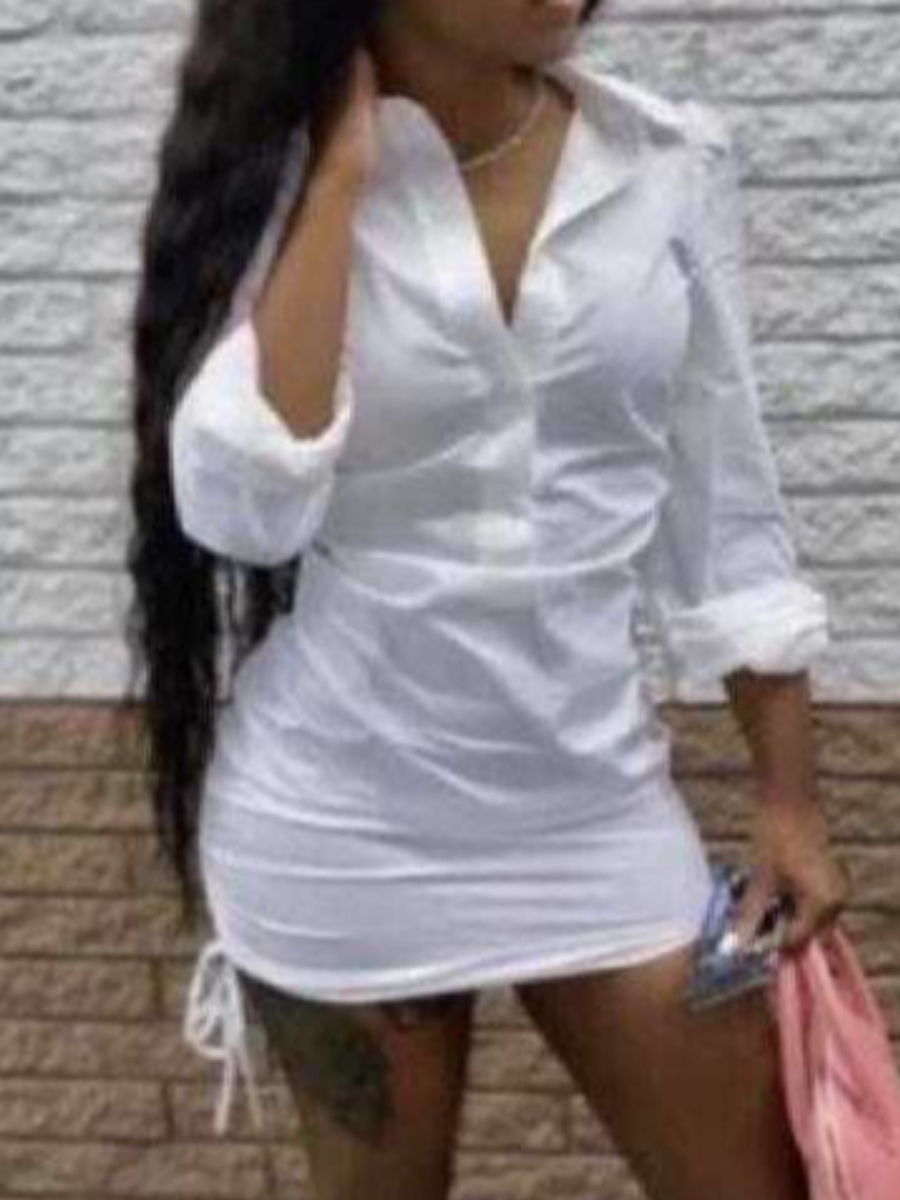 LovelyWholesale Turndown Collar Drawstring Shirt Dress Fall Long Sleeve Casual Basic Turndown Collar Spring Summer 2024