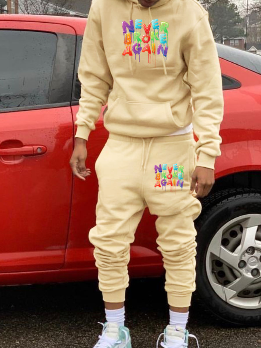LovelyWholesale Men Letter Print Kangaroo Pocket Tracksuit Set Fall Long Sleeve Casual Graffiti Element Hooded Collar Spring Summer 2024