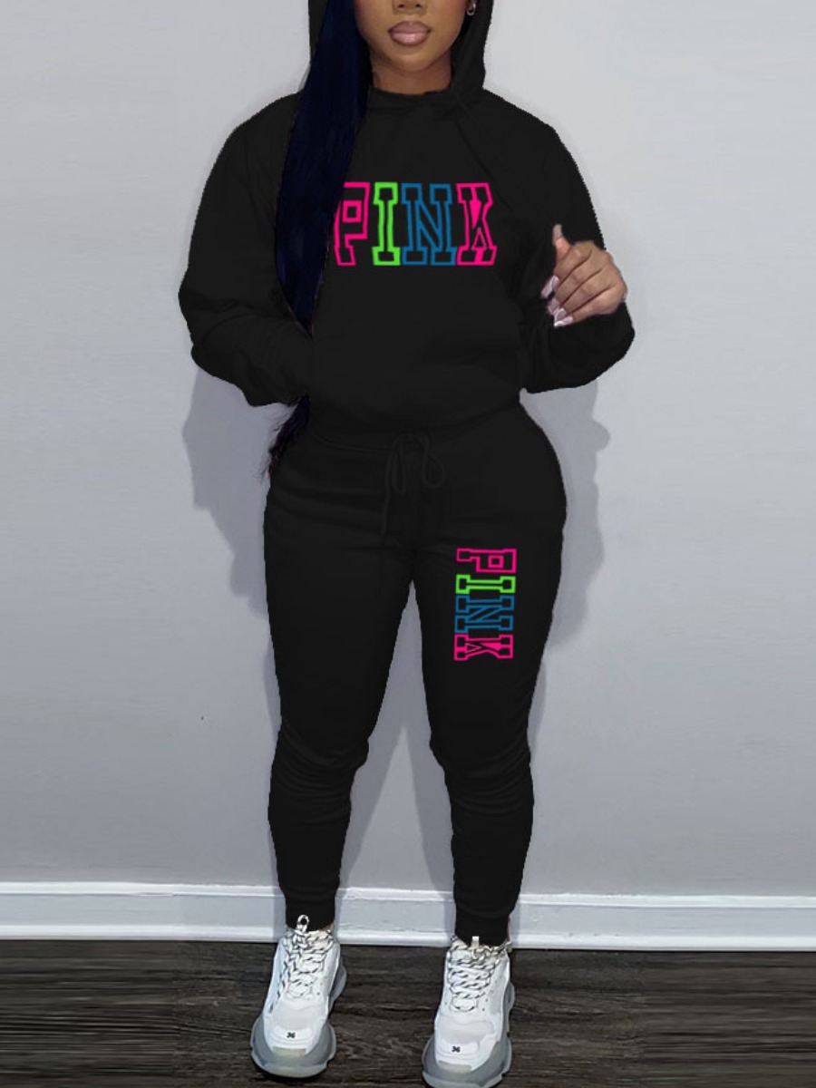 LovelyWholesale Plus Size Pink Letter Print Tracksuit Set Fall Long Sleeve Casual Hooded Collar  5X Spring Summer 2024