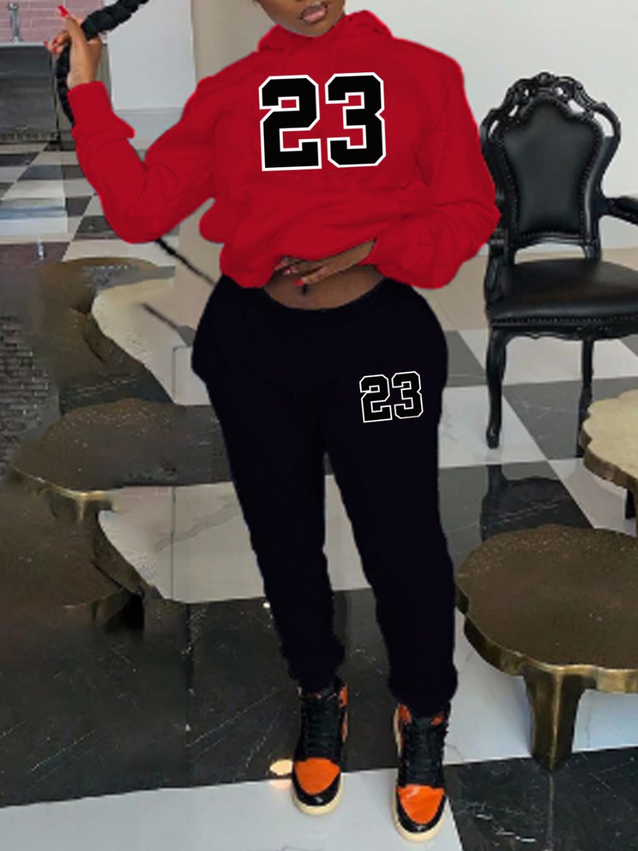 LW Letter Print Kangaroo Pocket Tracksuit Set