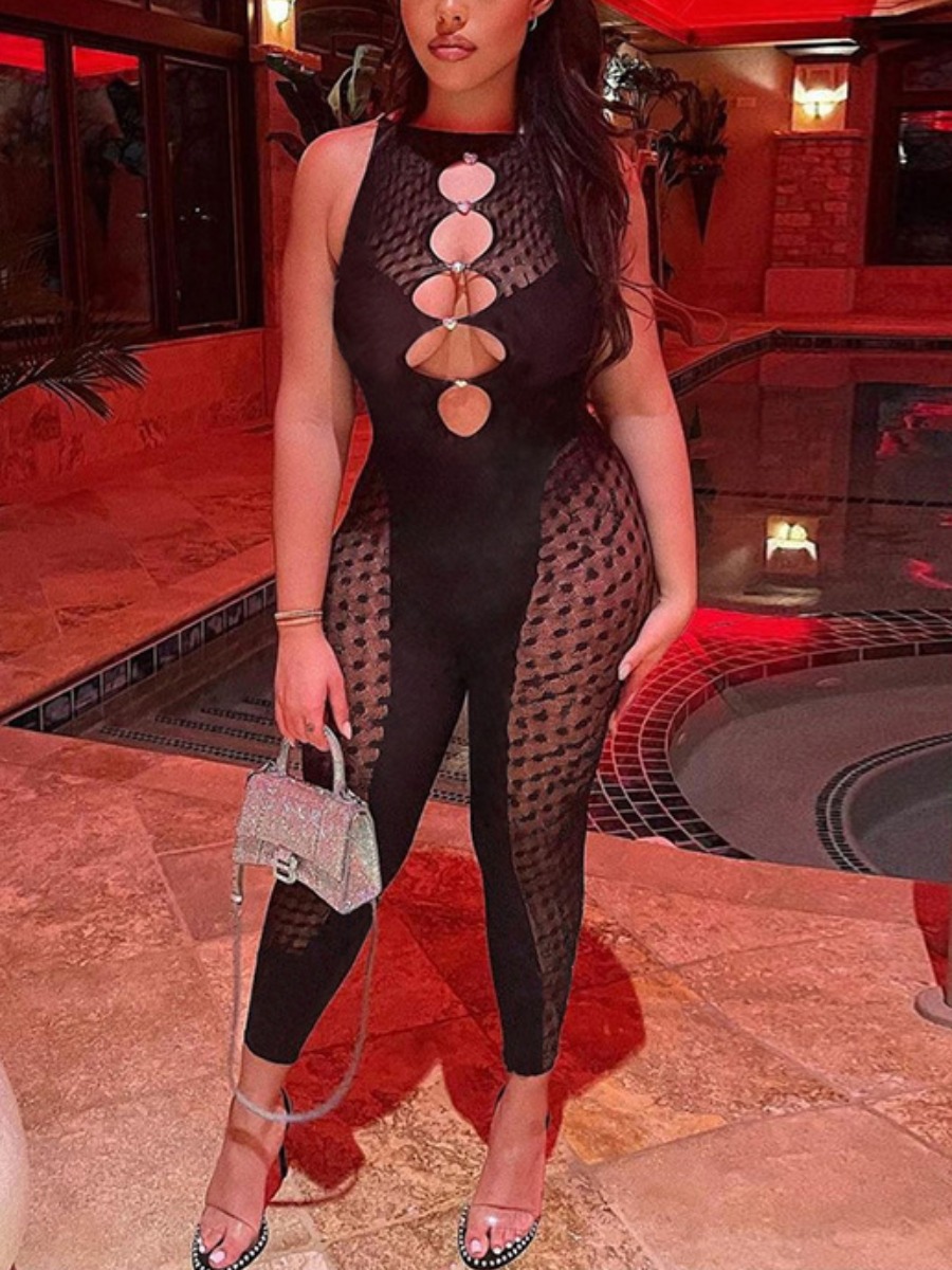 LovelyWholesale SXY See Through Lace Cut Out Jumpsuit Fall Long Sleeve Sxy Round Neck Spring Summer 2024