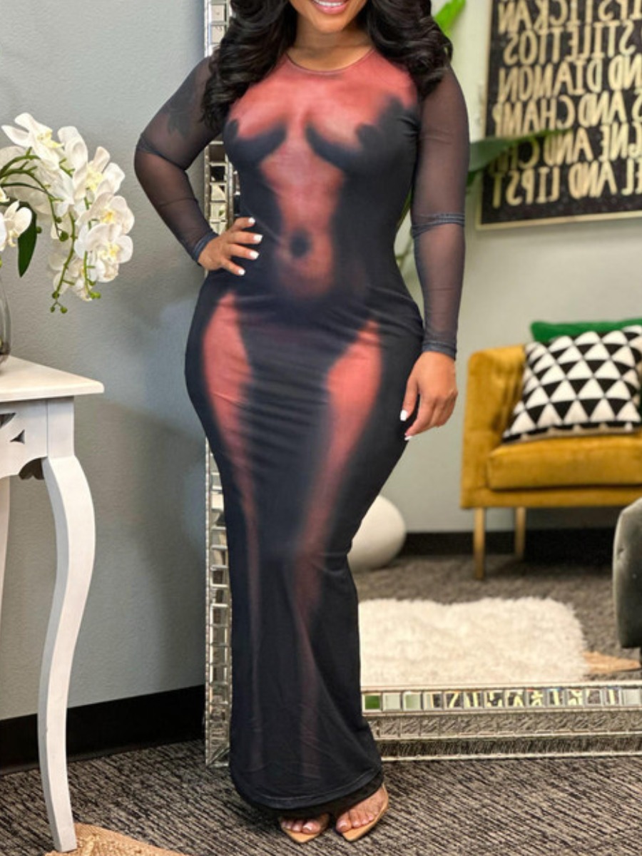 LovelyWholesale Round Neck Body Print Bodycon Dress Fall Long Sleeve Casual Basic Round Neck Spring Summer 2024