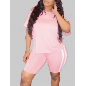 LW Plus Size Round Neck Striped Patchwork Pink Sho