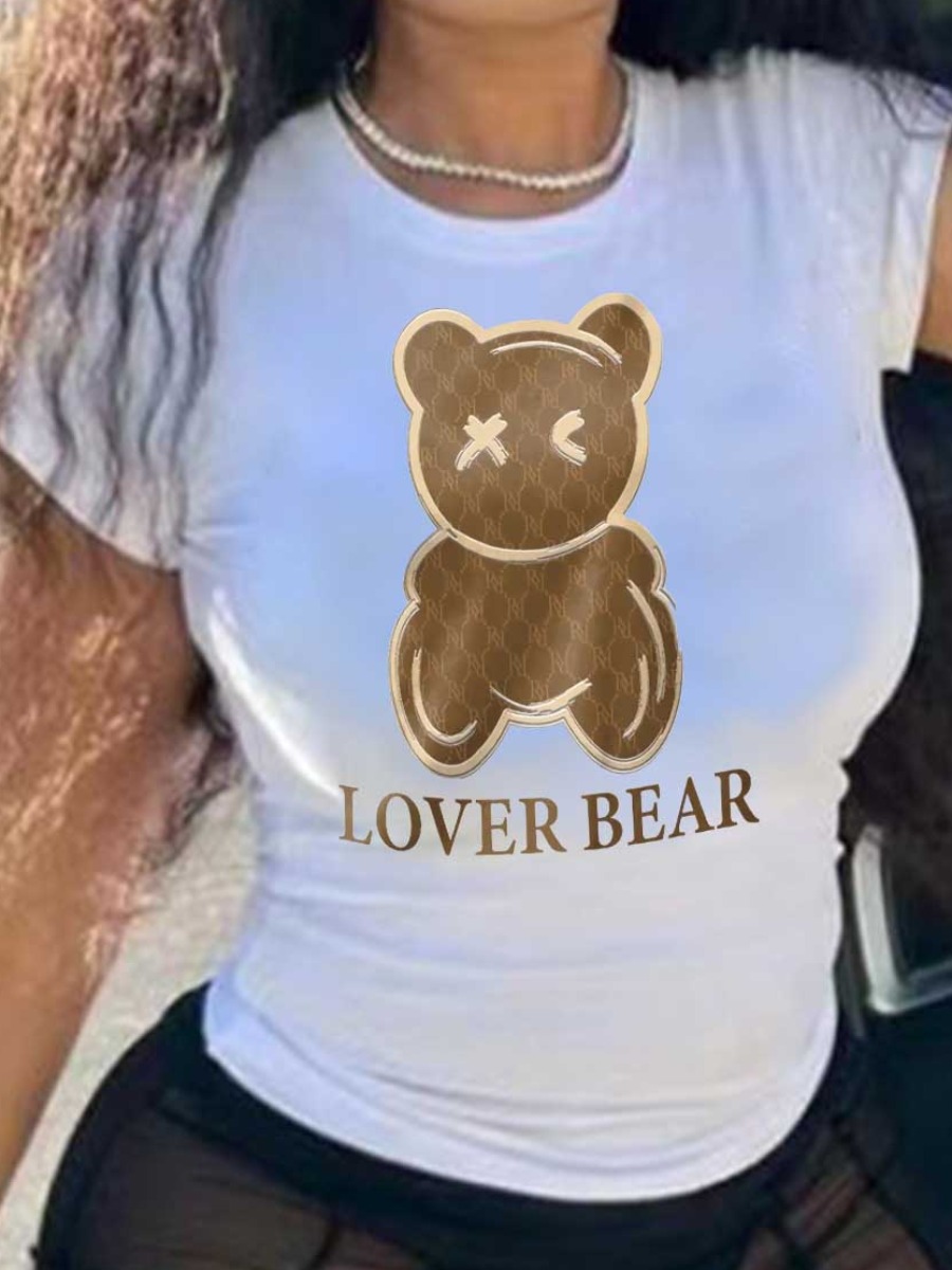 LovelyWholesale Plus Size Lover Bear Letter Print T-shirt Summer Short Sleeve Casual Round Neck  5X Spring Summer 2024