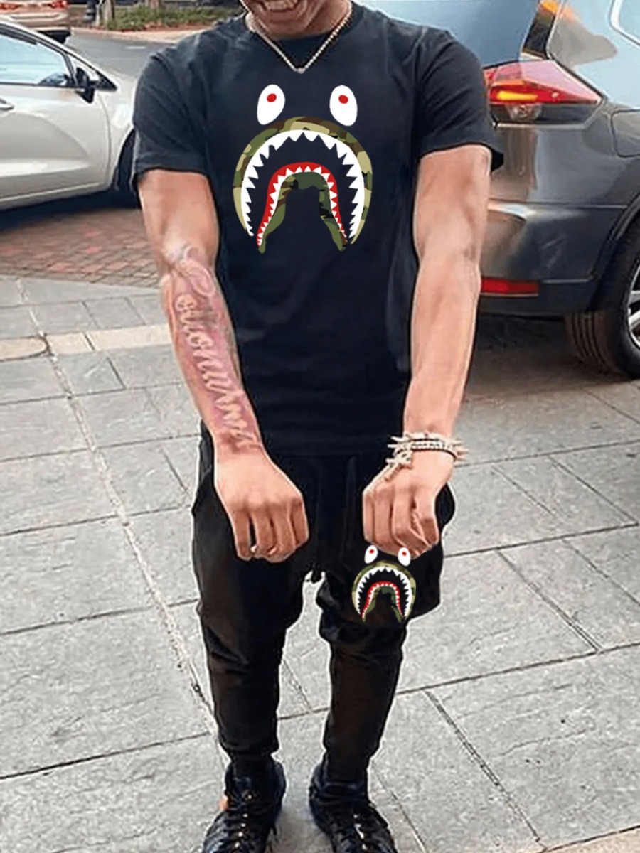 LovelyWholesale Men Fish Mouth Camo Print Pants Set Fall Short Sleeve Casual Spring Summer 2024