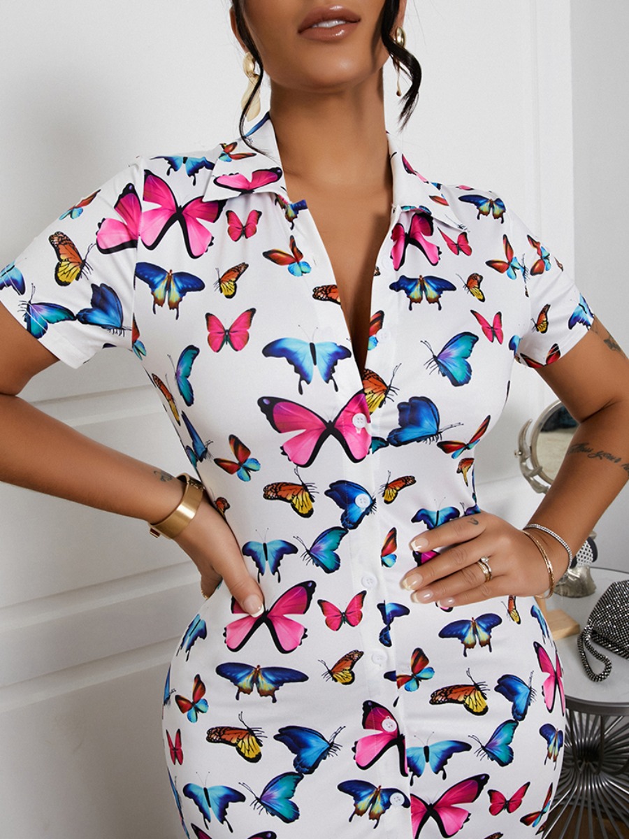 LW SXY Butterfly Print Asymmetrical White Mid Calf Dress