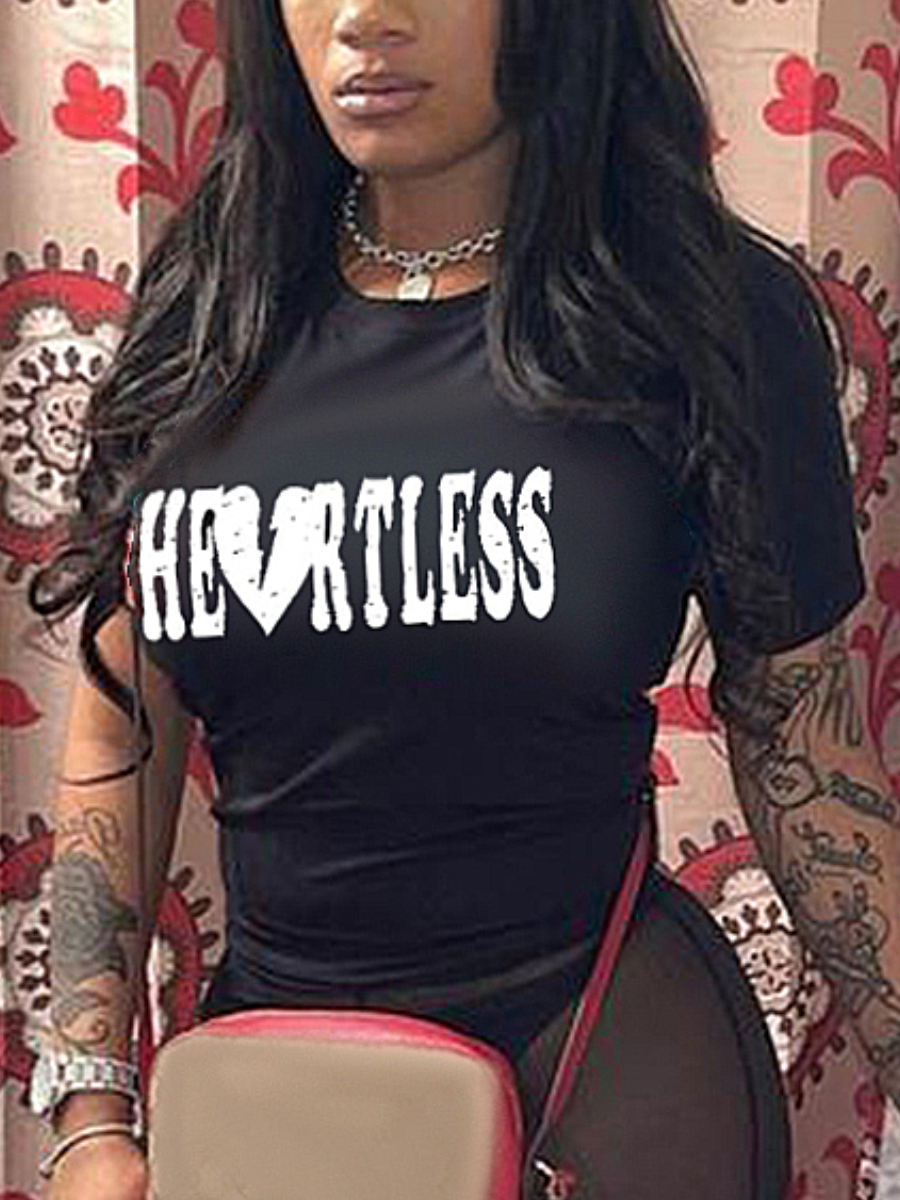 LovelyWholesale Plus Size Broken Heart Letter Print T-shirt Summer Short Sleeve Casual Round Neck  5X Spring Summer 2024