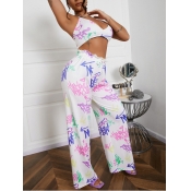 LW Casual Graffiti Print Wide Leg White Two Piece 