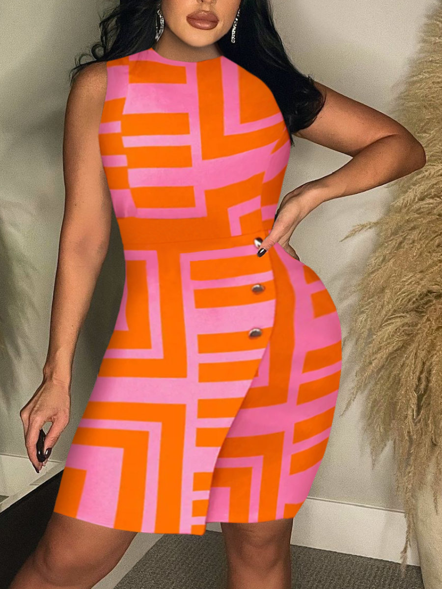 LW Geometric Print Button Design Dress