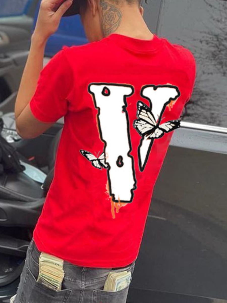LovelyWholesale Men Butterfly Letter Print T-shirt Summer Short Sleeve Casual Spring Summer 2024