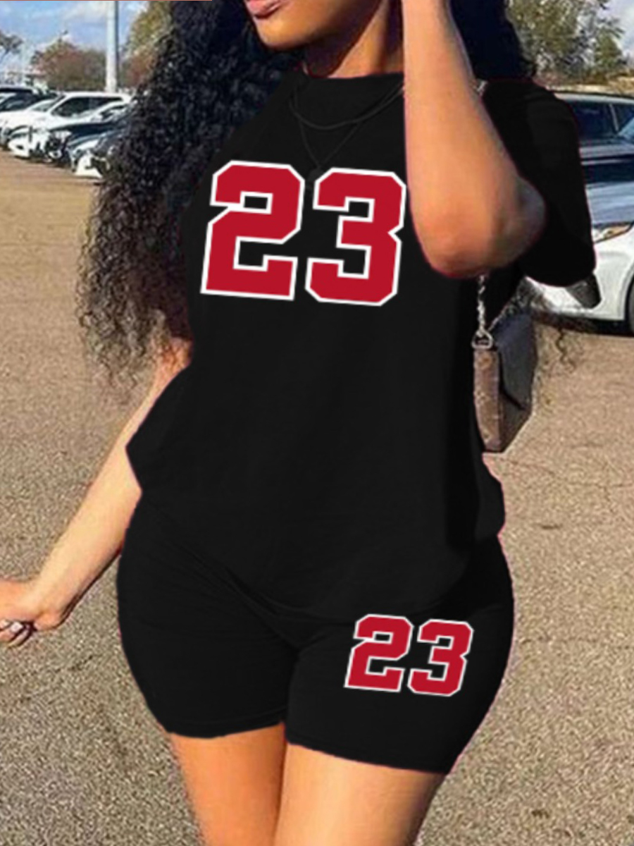 LovelyWholesale Plus Size Round Neck Letter Print Shorts Set Summer Short Sleeve Casual Round Neck  5X Spring Summer 2024