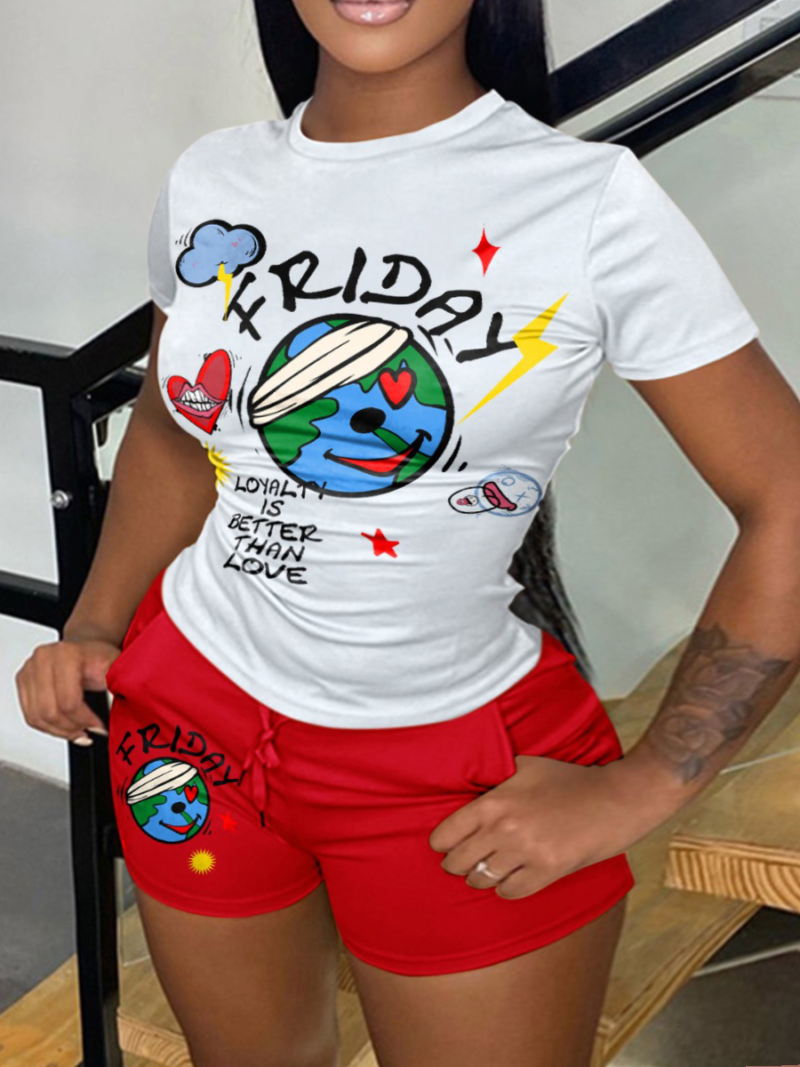 LovelyWholesale Plus Size Cartoon Letter Print Shorts Set Summer Short Sleeve Casual Round Neck  5X Spring Summer 2024
