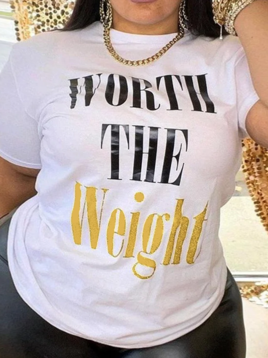 LovelyWholesale Plus Size Worth The Weight Letter Print T-shirt Summer Short Sleeve Casual Round Neck  5X Spring Summer 2024