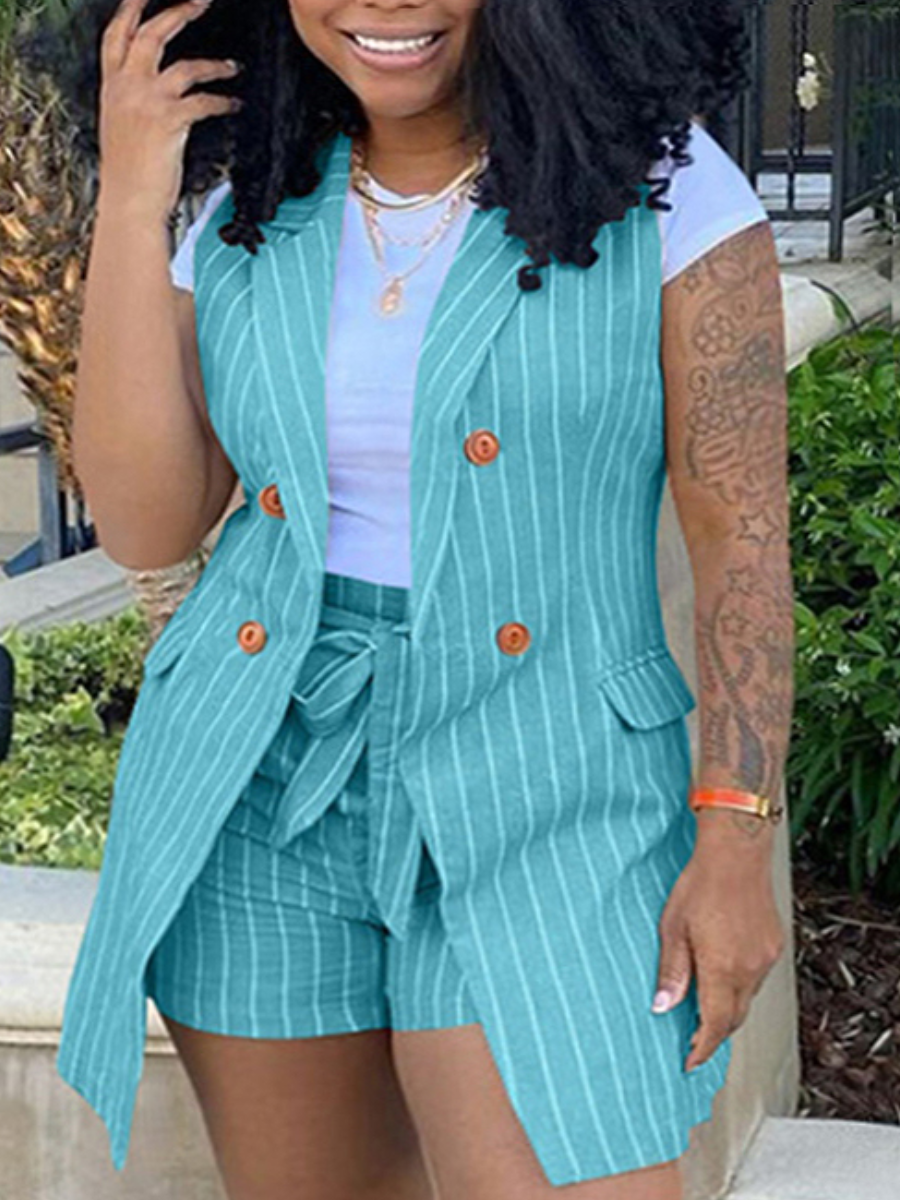LovelyWholesale Plus Size Bandage Design Striped Shorts Set Summer Sleeveless Business Bandage Design Lapel Neck  3X Spring Summer 2024