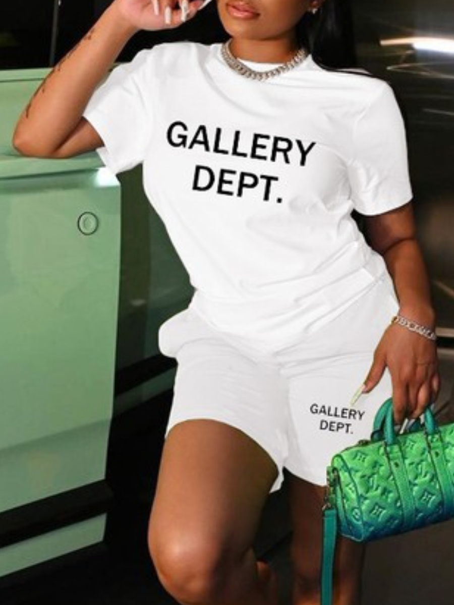 LovelyWholesale Letter Print Regular Fit Stretchy Shorts Set Summer Short Sleeve Daily Round Neck Spring Summer 2024