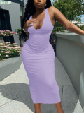 LW SXY Casual U Neck Skinny Pink Light Purple Length Dress