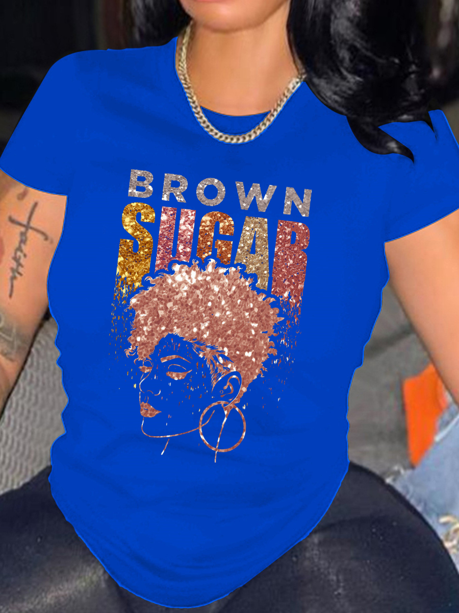 LovelyWholesale Plus Size Rhinestone Brown Sugar Decor T-shirt Summer Short Sleeve Casual Round Neck  5X Spring Summer 2024
