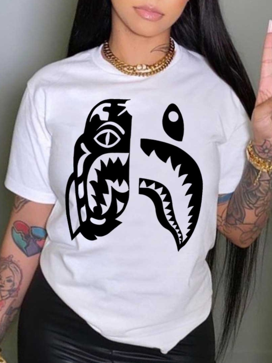 LovelyWholesale Cartoon Print Regular Fit T-shirt Summer Short Sleeve Casual Pattern Round Neck Spring Summer 2024