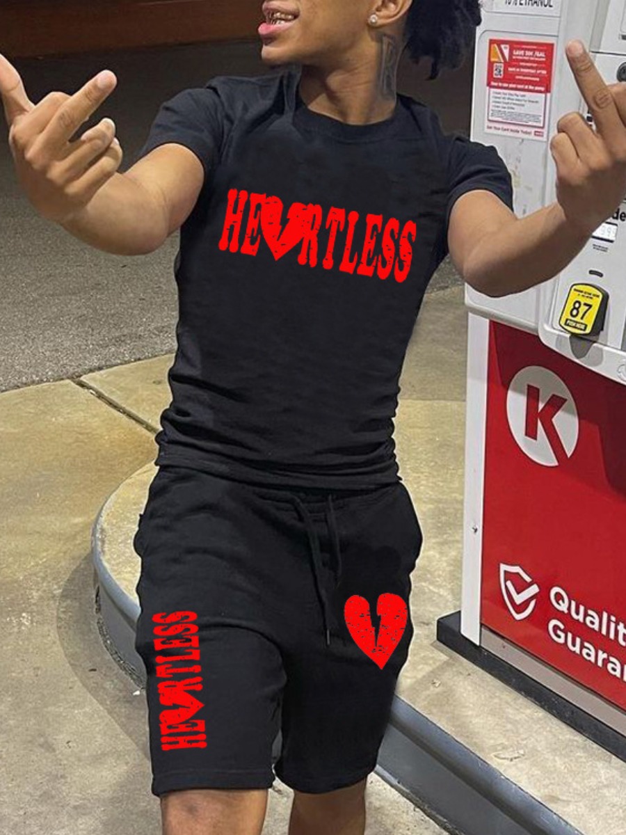 LovelyWholesale Men Broken Heart Heartless Letter Print Shorts Set Summer Short Sleeve Casual Letter Print Round Neck Spring Summer 2024