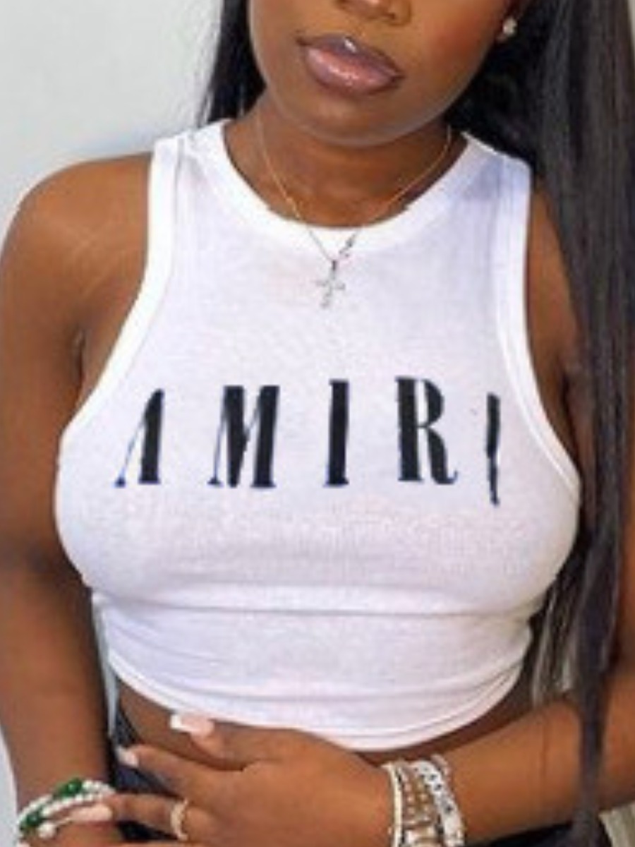 LovelyWholesale Letter Print Camisole Summer Long Sleeve Casual Round Neck Spring Summer 2024
