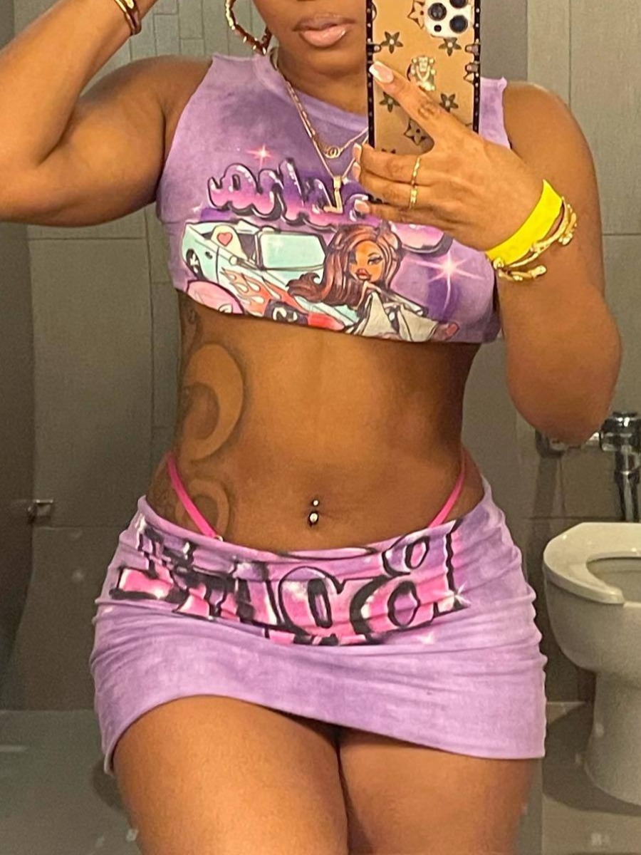 LovelyWholesale Crop Top Graffiti Letter Print Skirt Set Summer Sleeveless Street Graffiti Element Round Neck Spring Summer 2024