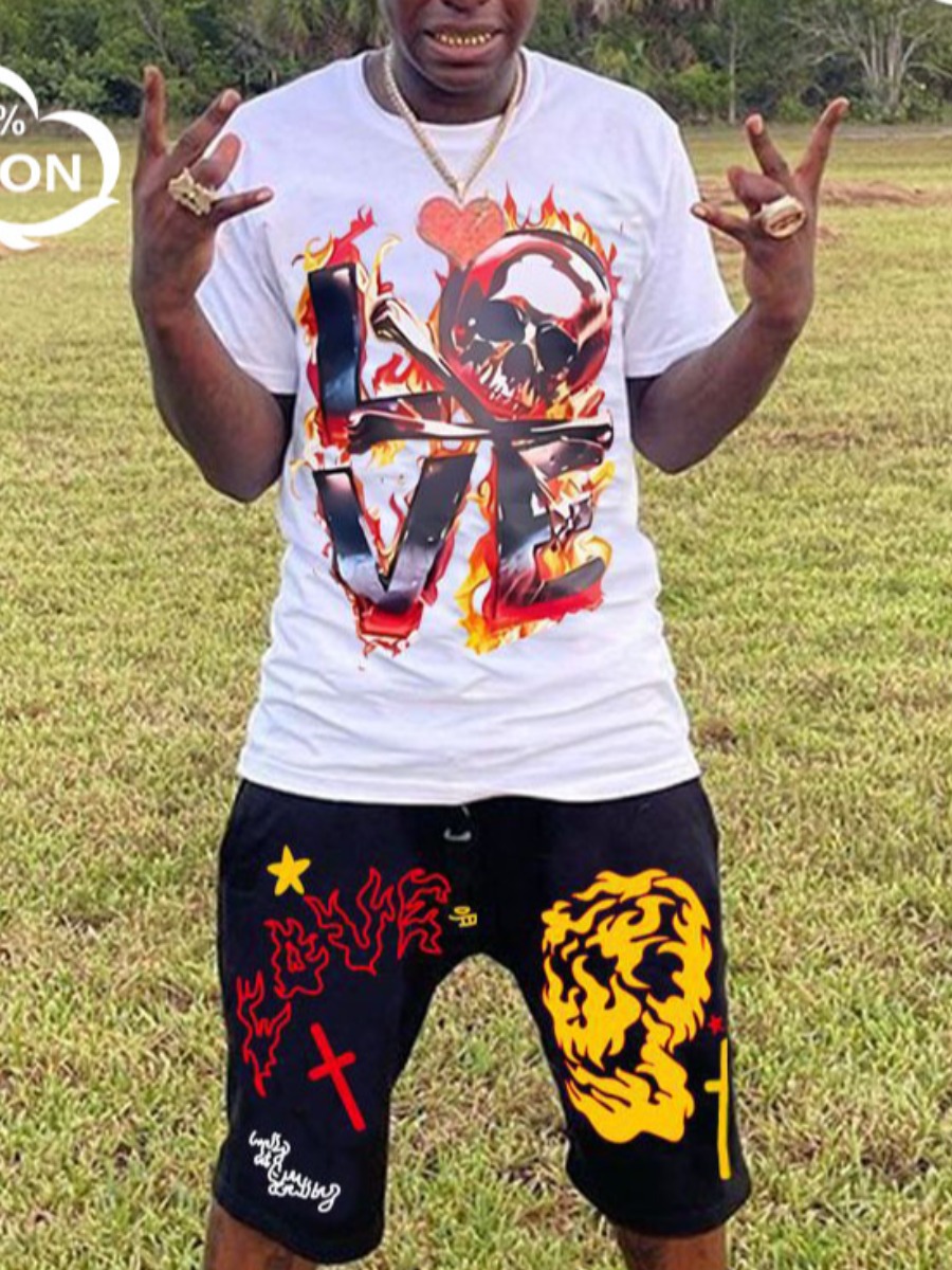 LW COTTON Men Skull Love Letter Print Shorts Set