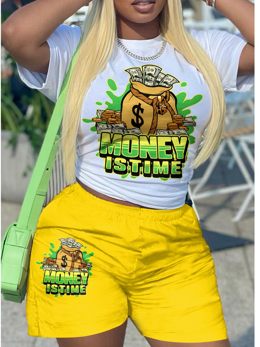 LovelyWholesale Plus Size Money Is Time Letter Print Shorts Set Summer Short Sleeve Casual Round Neck  5X Spring Summer 2024