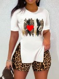 LW Plus Size Leopard Love Print Side Split Shorts Set