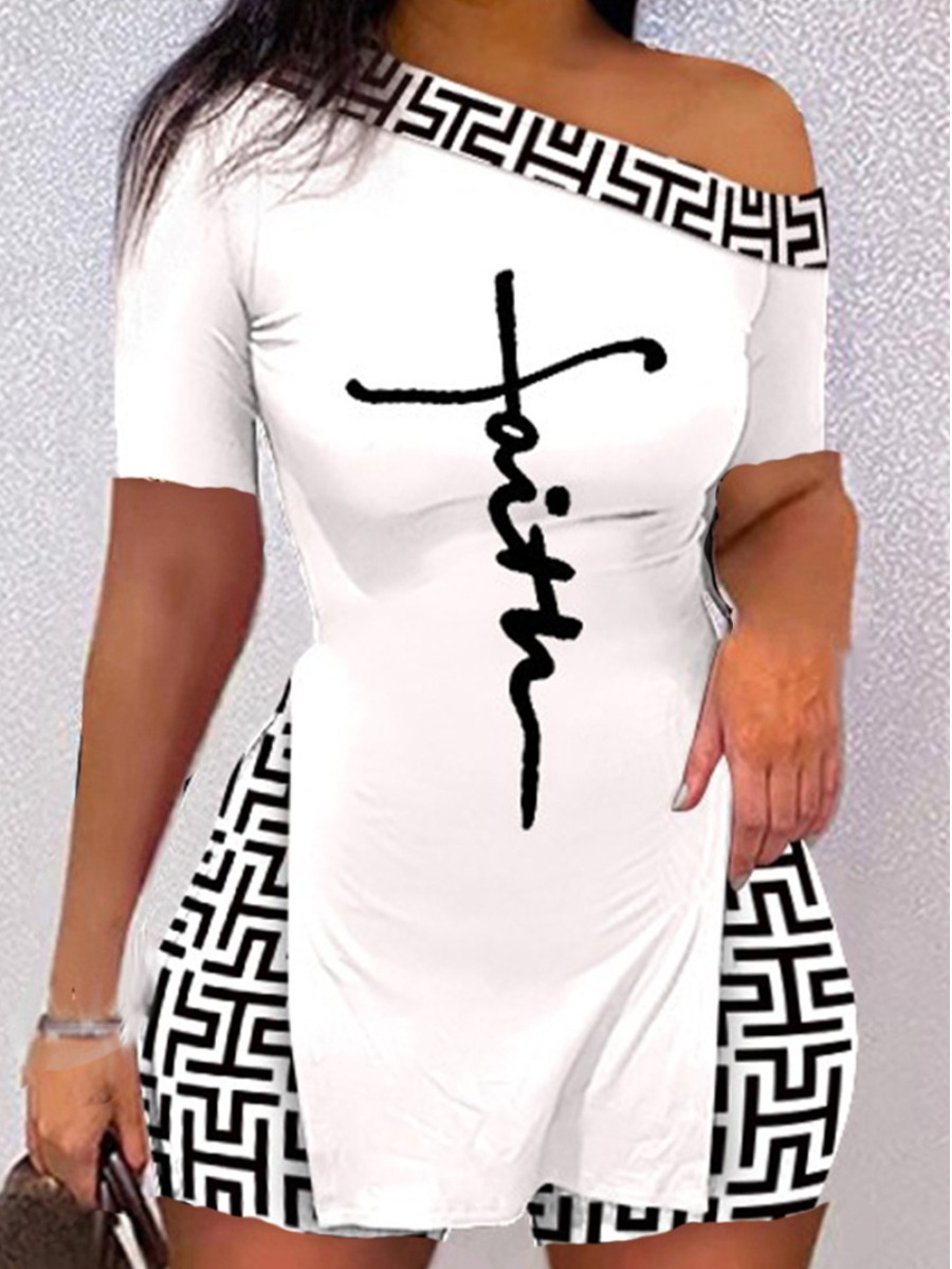 LW Plus Size One Shoulder Faith Letter Print Split Shorts Set