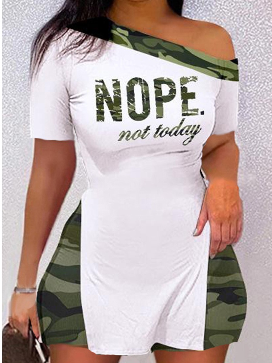 LovelyWholesale Plus Size Nope Not Today Camo Letter Print Split Shorts Set Summer Short Sleeve Casual Split One Shoulder  5X Spring Summer 2024