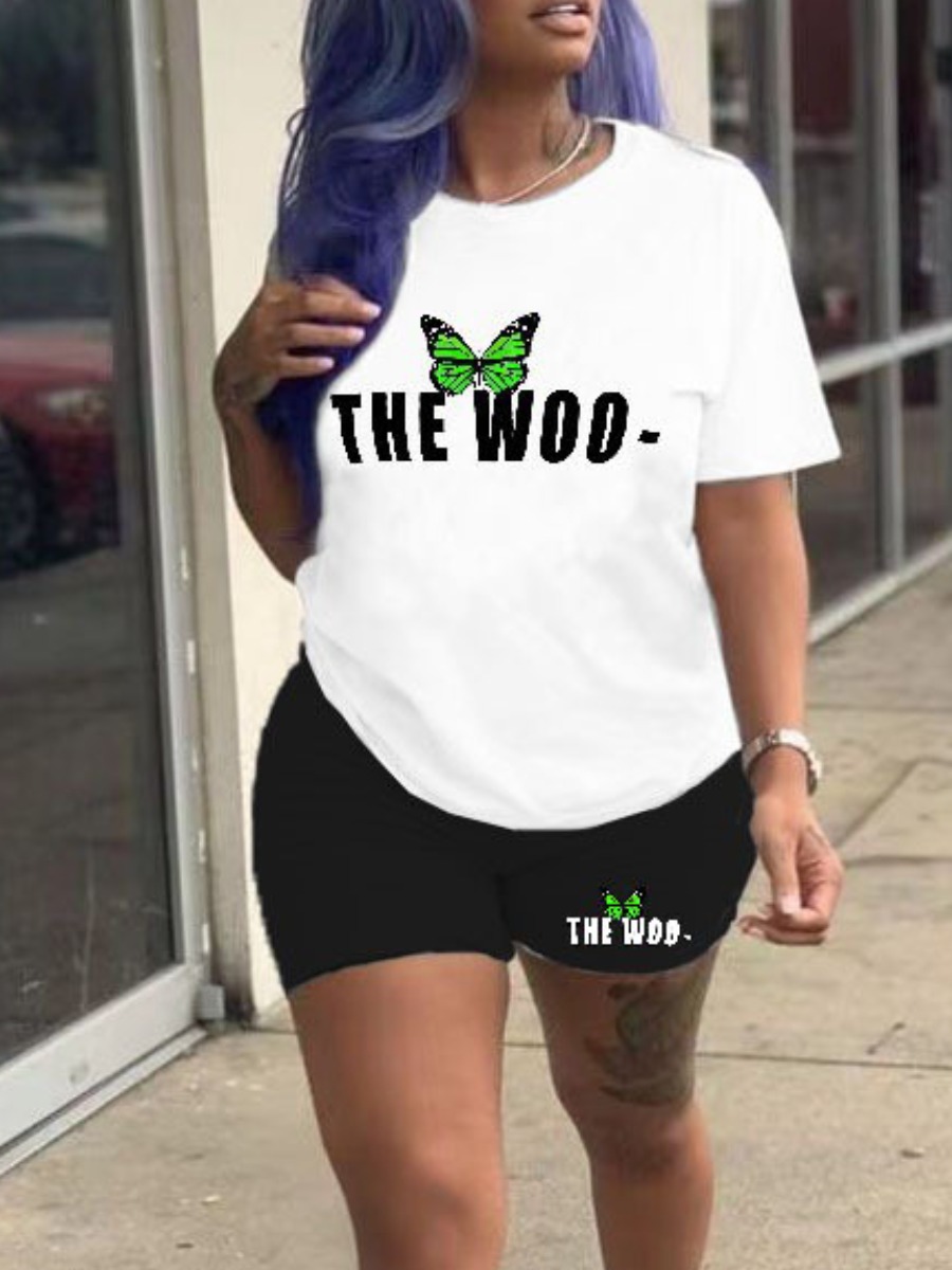 LovelyWholesale Plus Size Butterfly Letter Print Shorts Set Summer Short Sleeve Casual Round Neck  5X Spring Summer 2024