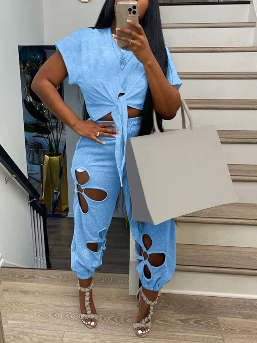 LovelyWholesale Plus Size Cut Out Ring Decor Pants Set Spring Short Sleeve Casual Bandage Design Round Neck  5X Spring Summer 2024