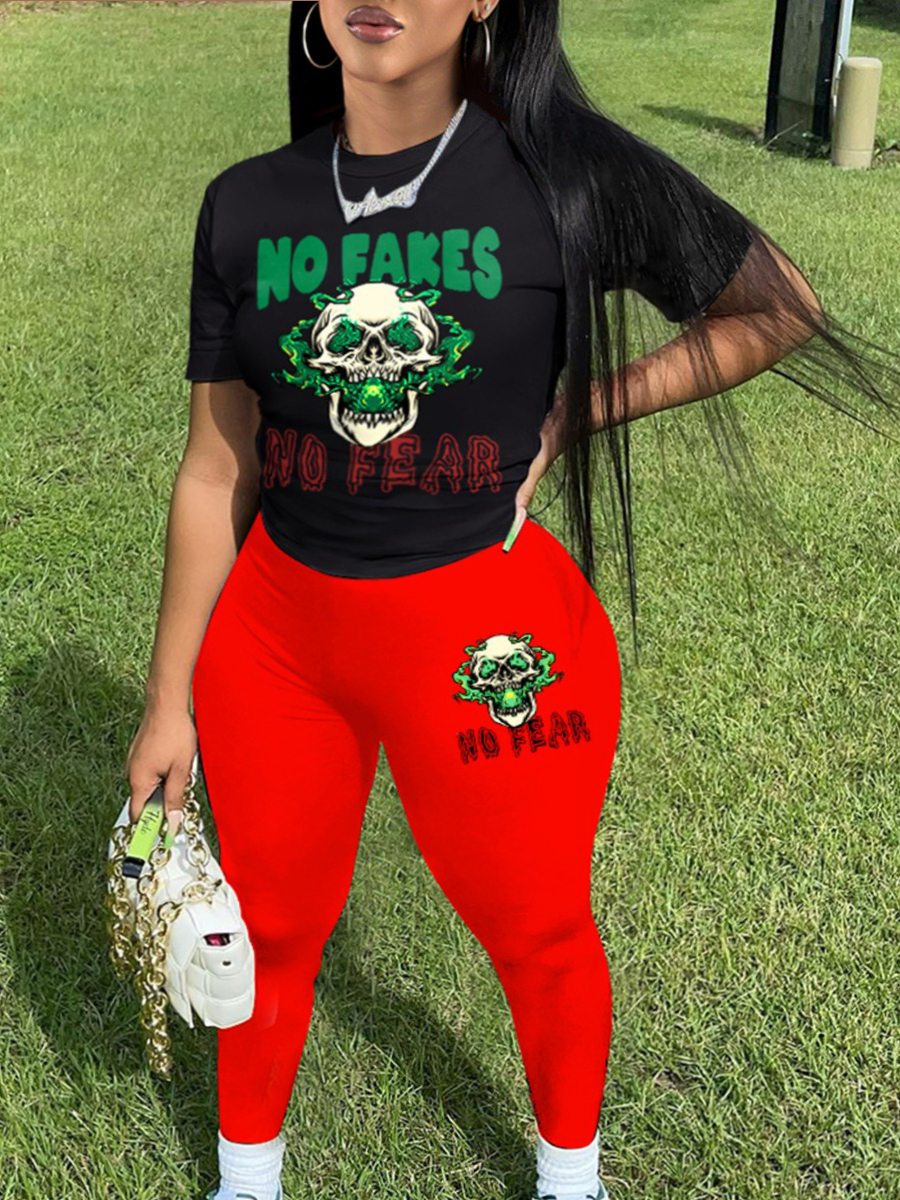 LW Plus Size Skull Head Letter Print Pants Set
