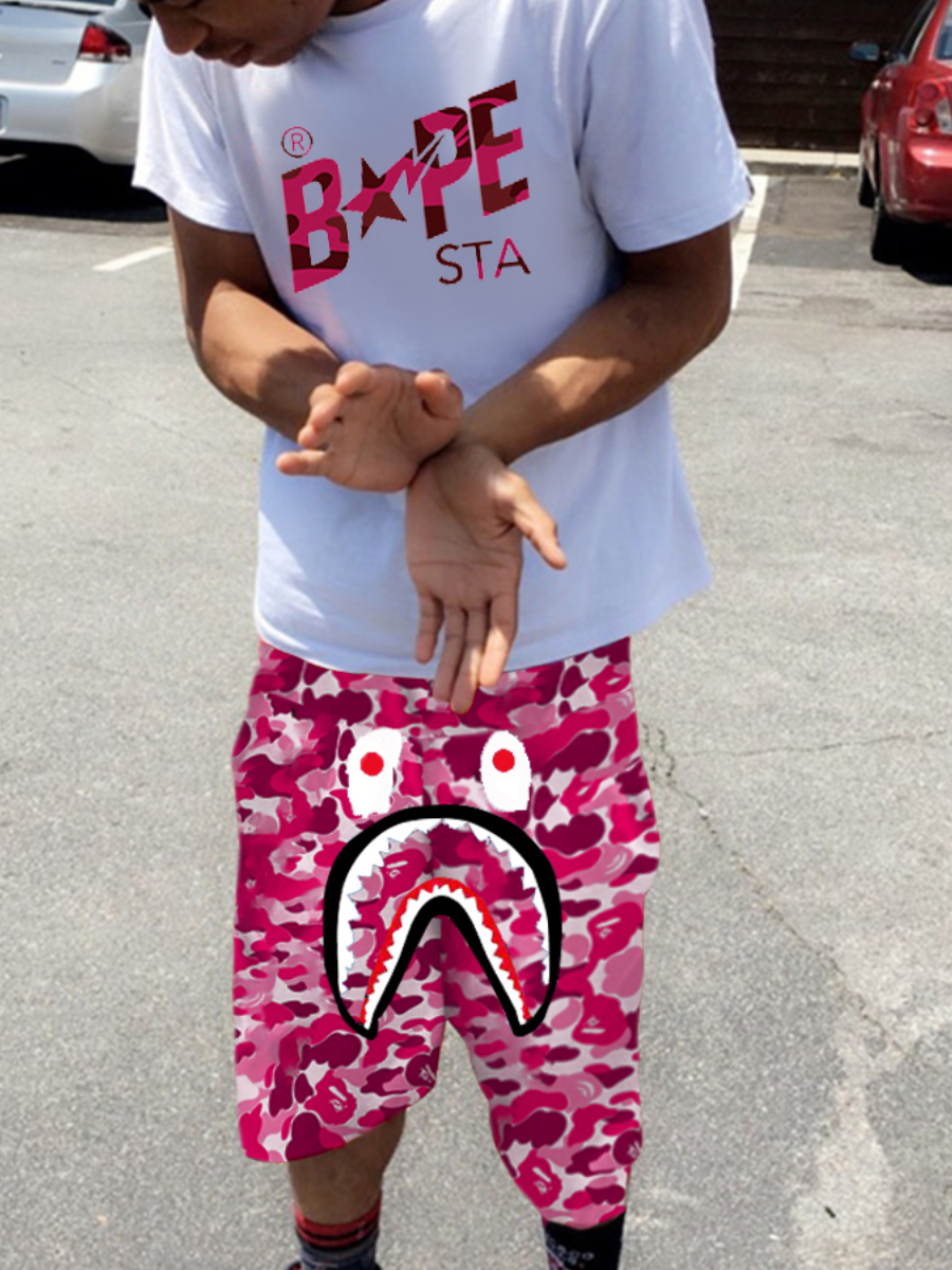 LW Men Fish Mouth Camo Letter Print Shorts Set