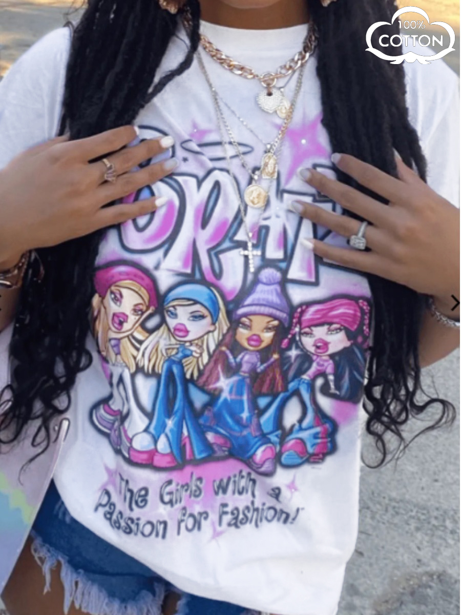 LovelyWholesale COTTON Graffiti Letter Print T-shirt Summer Short Sleeve Casual Round Neck Spring Summer 2024