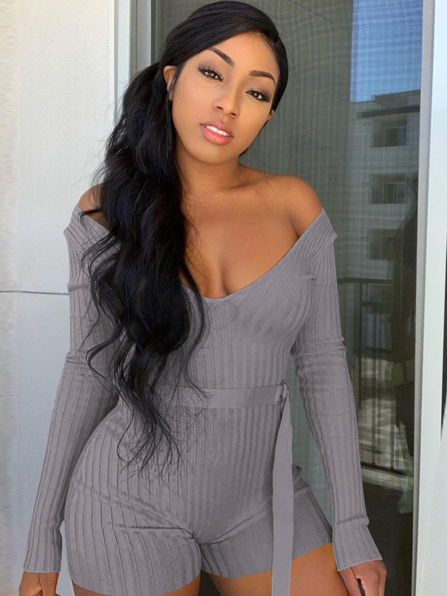 LovelyWholesale SXY Off The Shoulder Bandage Design Rib Knit Romper Spring Long Sleeve Sxy Solid Color Scalloped Spring Summer 2024